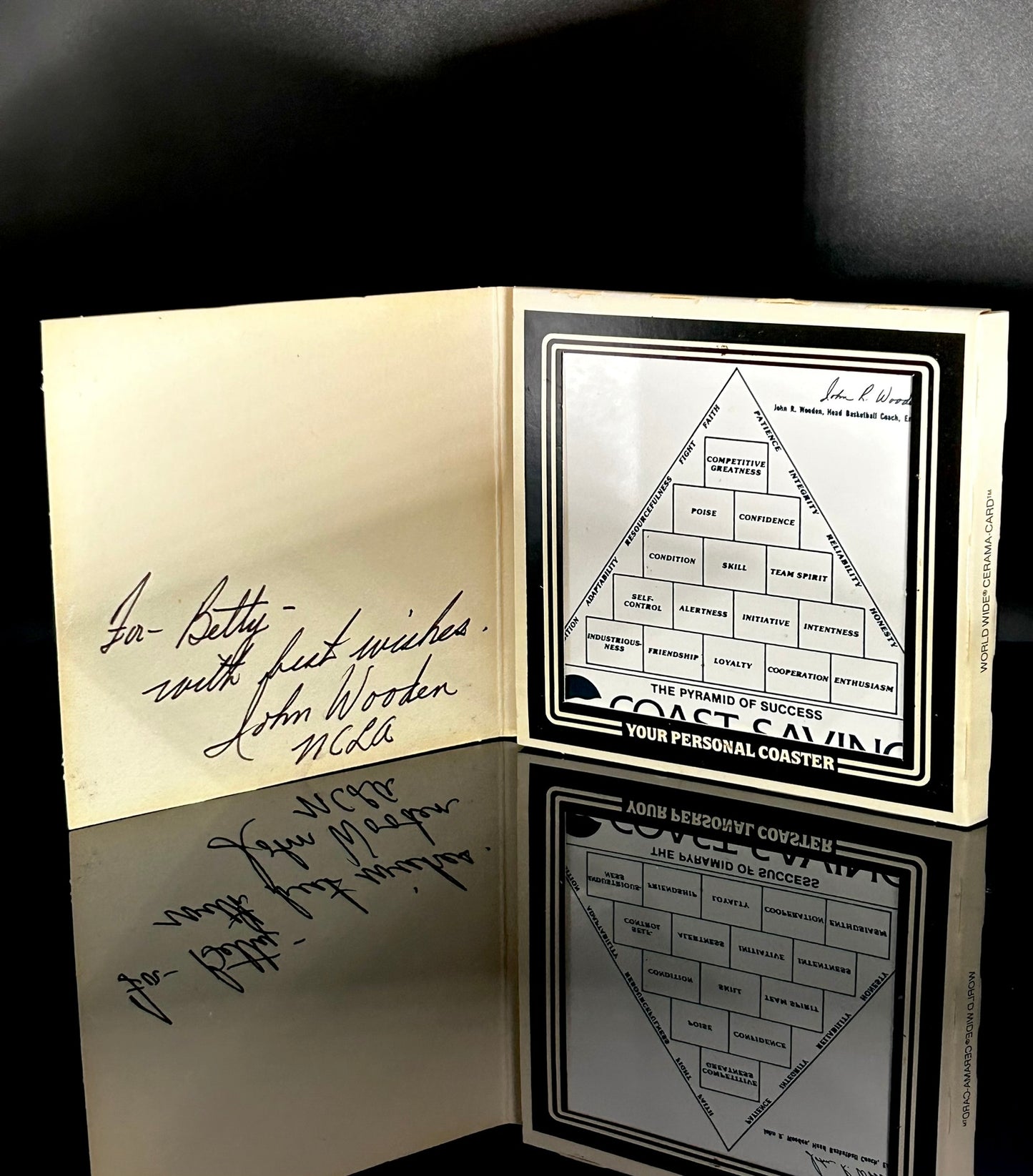 John Wooden Signed Ceramic Tile β Coast Savings "Pyramid of Success" β Authentic Autograph