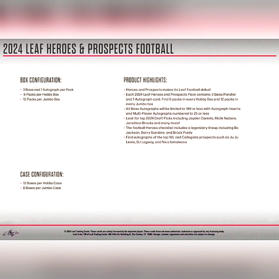 2024 Leaf Heroes & Prospects Football Hobby Box