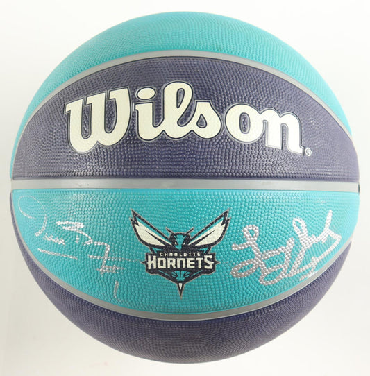 Larry Johnson & Muggsy Bogues Signed Wilson Hornets NBA Basketball AWM Certified
