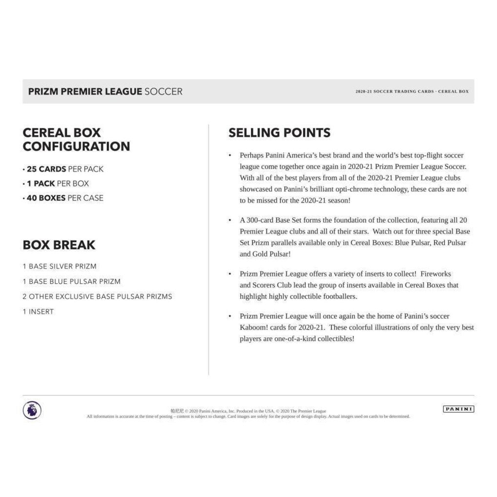 2020-21 Panini Prizm  Premier League Soccer Cereal Box