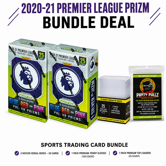 2020-21 Panini Prizm  Premier League Soccer Cereal Box Bundle with 100 Premium Card Sleeves & 25 Premium Top Loaders