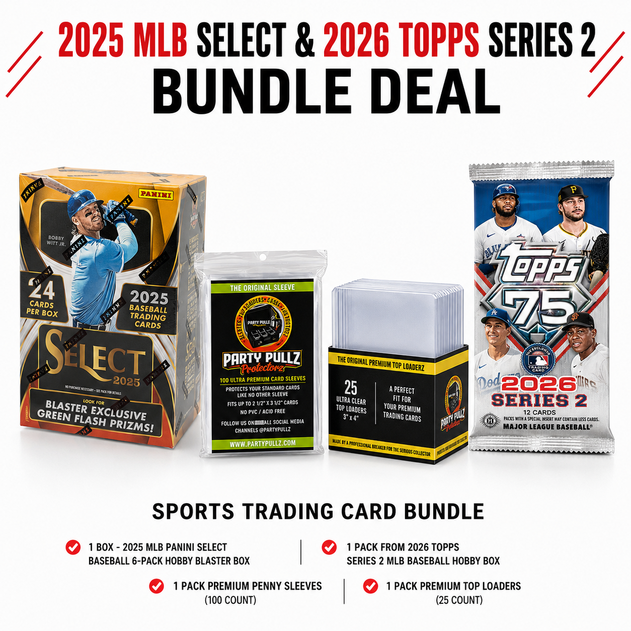 2025 MLB Select Baseball Hobby Blaster Box +1 Factory Sealed "Single Packet" from 2026 Topps Series 2 MLB Baseball Hobby Box Bundle with 100 Premium Card Sleeves & 25 Premium Top Loaders
