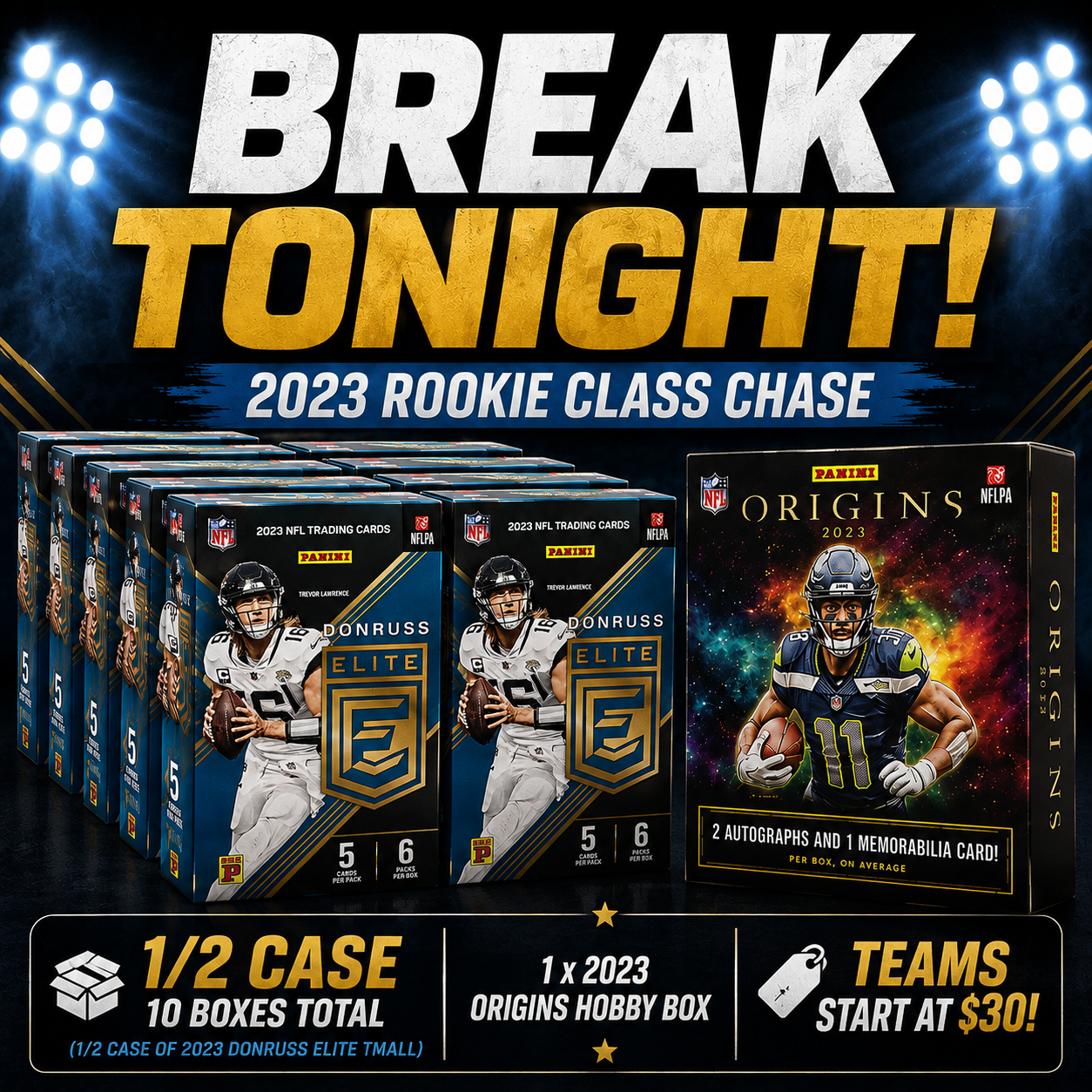 2023 NFL Rookie Chase - 1/2 Case Donruss Elite Tmall (10 Boxes) + 1 x 2023 Origins Hobby