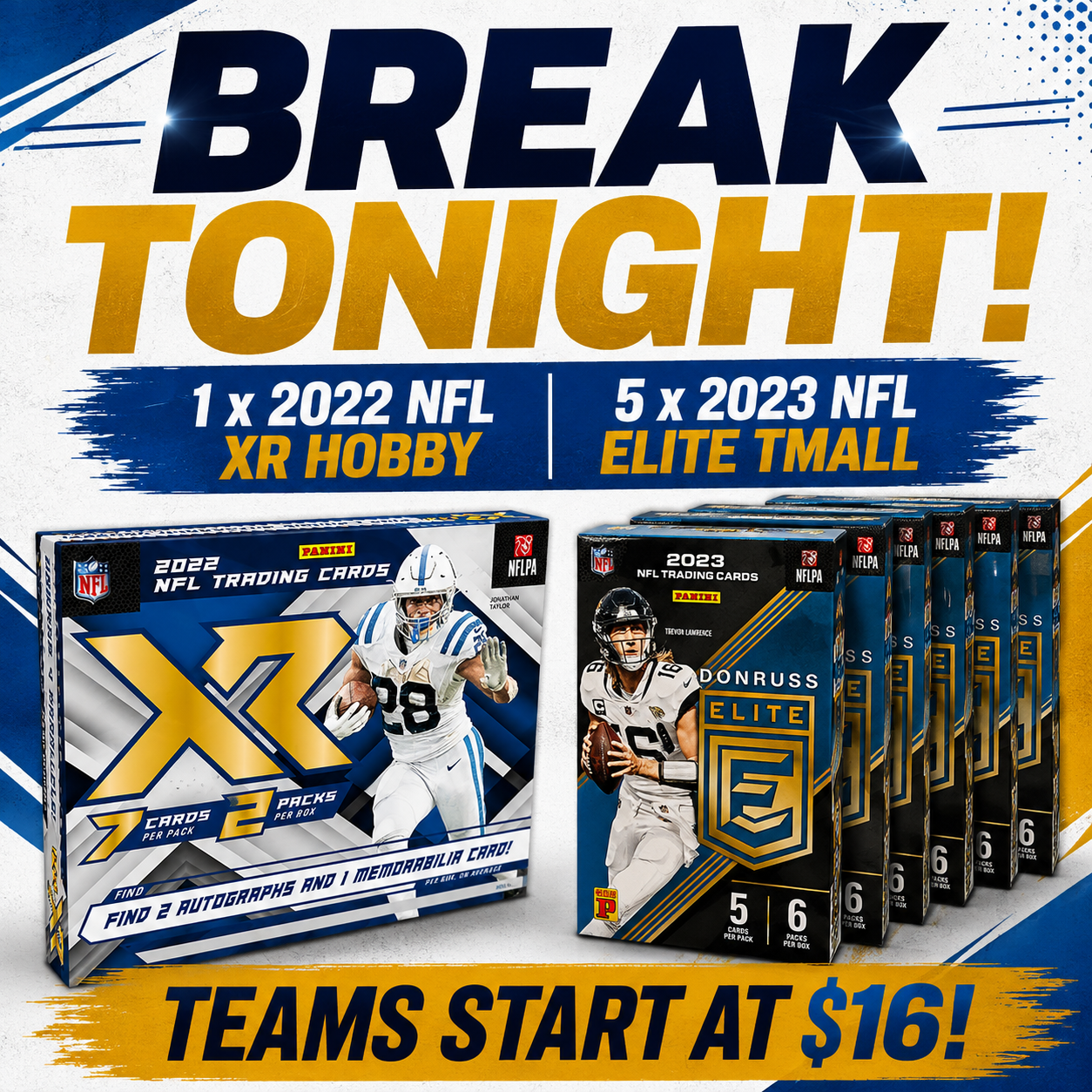 NFL Chase - 5 x 2023 Boxes Donruss Elite Tmall + 1 x 2022 XR Hobby Pick Your Team 8-4-2026