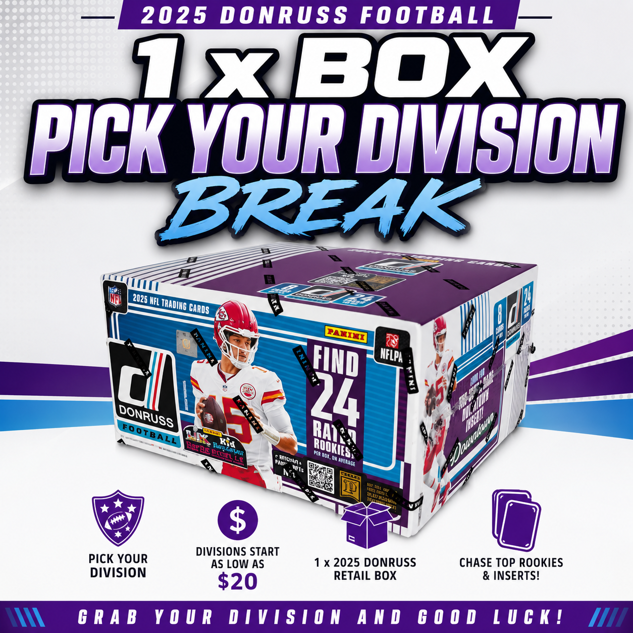 PYD #2 - 1 x 2025 Donruss Retail NFL Box - Pick Your Division - 7-13-2026