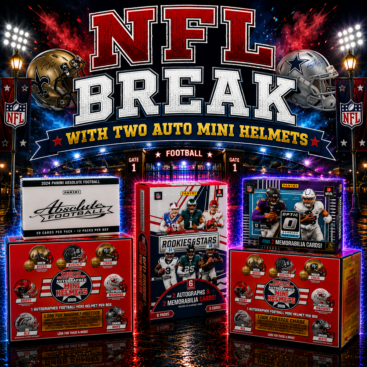 5 Box Break 1 x 2025 NFL Rookies and Stars Hobby Box + 1 x 2024 Absolute Football Cello Box + 1 x 2025 Donruss NFL Optic Hobby Preferred Box + 2 x 2026 Tristar Mini Autographed Helmets PYT (Pick Your Team) 7-1-2026