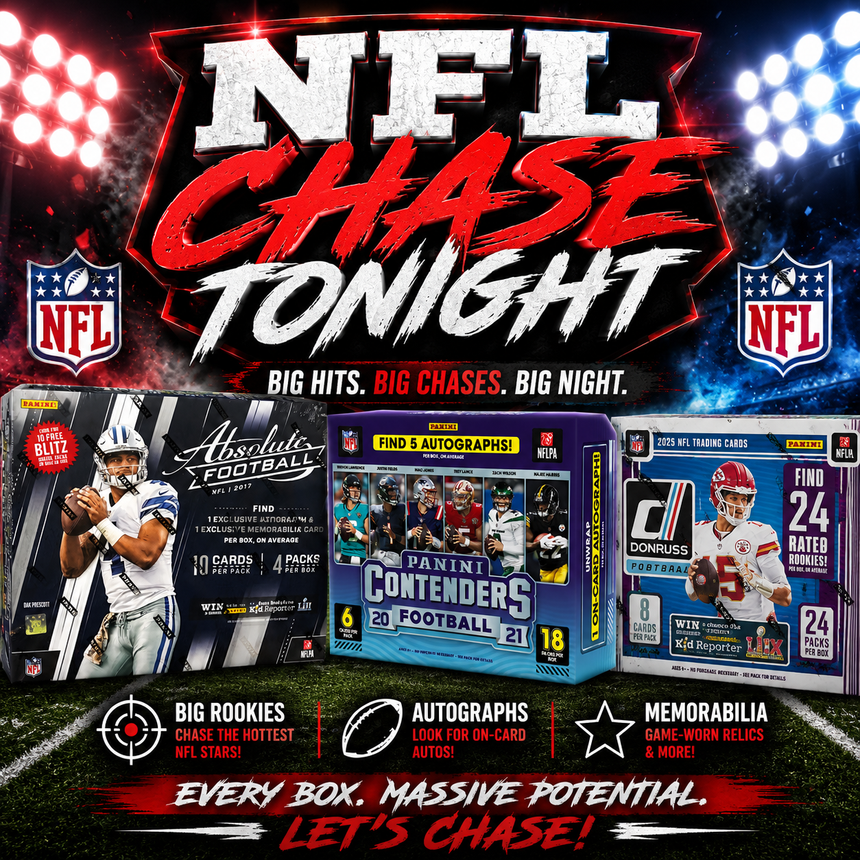 NFL CHASE - 1 X 2017 Absolute Football Retail Box + 1 x 2021 Contenders Hobby +1 x 2025 NFL Donruss Football Retail Display Box PYT (Pick Your Team) 7-28-2026