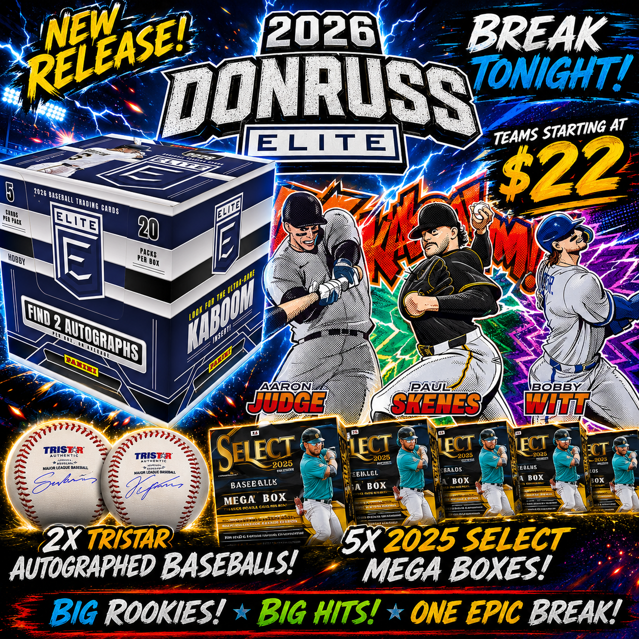 MLB Break #1 - 1 x 2026 Donruss Elite Hobby + 5 x 2025 Select Megas + 2 x Tristar Aut'd Baseballs |  Pick Your Team (PYT) Break 7-3-2026