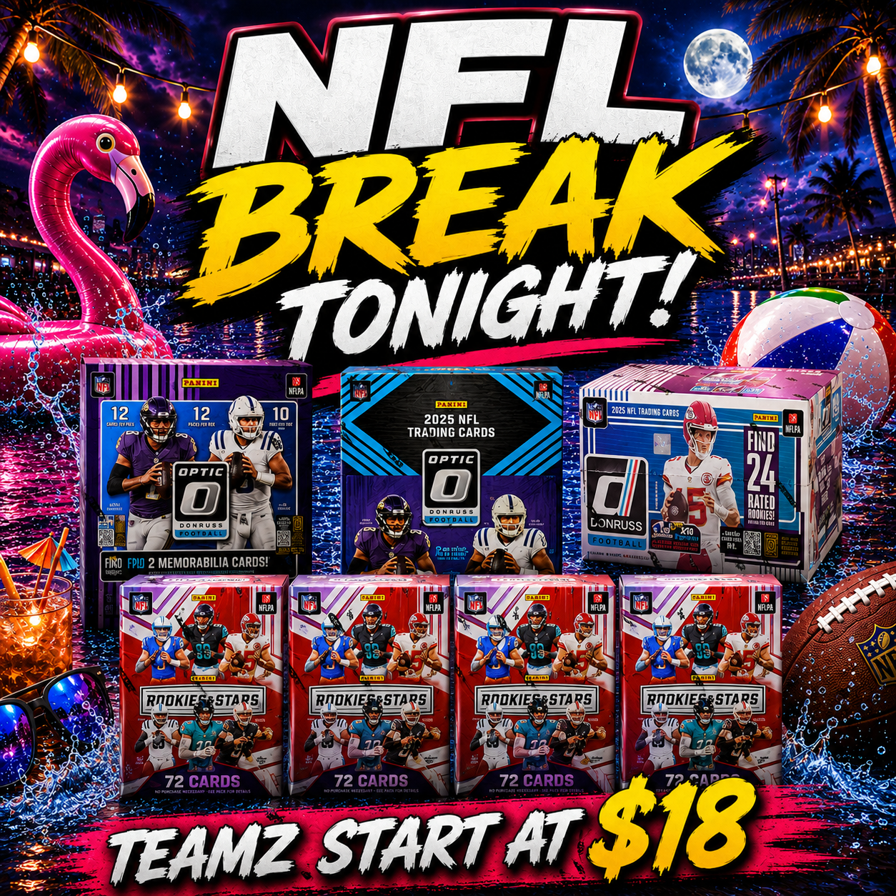 NFL BREAK - 4 X 2025 NFL Rookies & Stars Hobby Blaster + 1 x 2025 NFL Donruss Retail Display Box + 1 x 2025 Donruss Optic Football Retail Box + 1 x 2025 Donruss NFL Optic Hobby Preferred Box(Pick Your Team) Break 7-7-2026