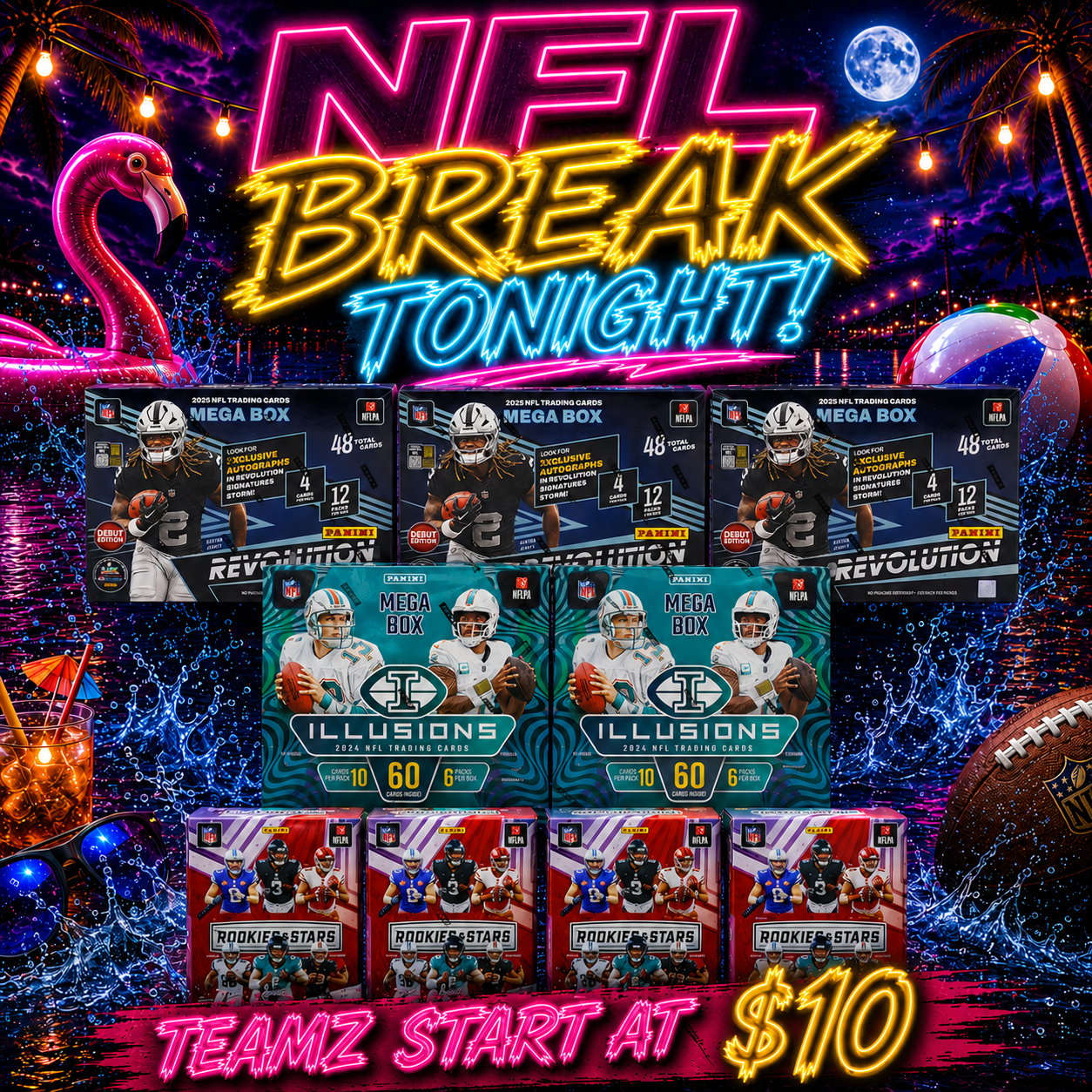 NFL BREAK - 4 X 2025 NFL Rookies & Stars Hobby Blaster + 3 x 2025 NFL Revolution Mega Box + 2 x 2024 NFL Illusions Mega Box (Pick Your Team) Break 7-8-2026
