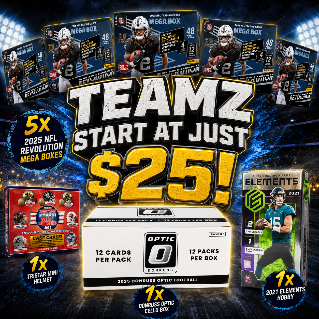 NFL BREAK #1 - 5 Revolution Megas, Elements Hobby, Optic Cello & Helmet PYT (Pick Your Team) Break 6-20-2026