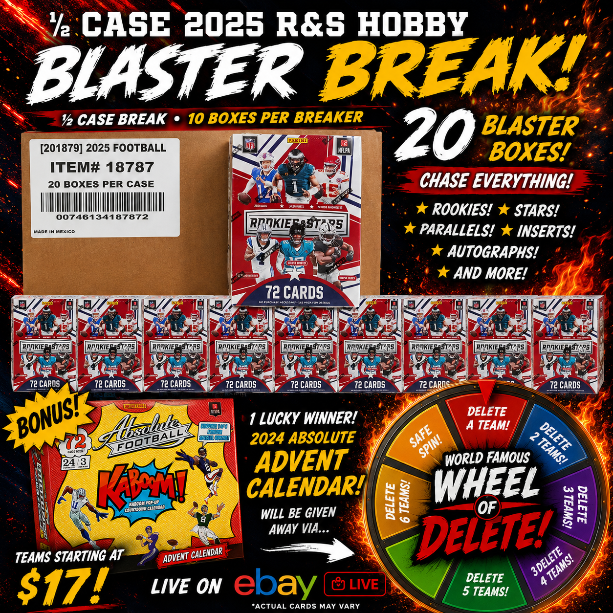1/2 case Break (10 Boxes) x 2025 NFL Rookies and Stars Blaster Boxes + 1 x 2024 Absolute Advent Calendar PYT (Pick Your Team) 6-21-2026
