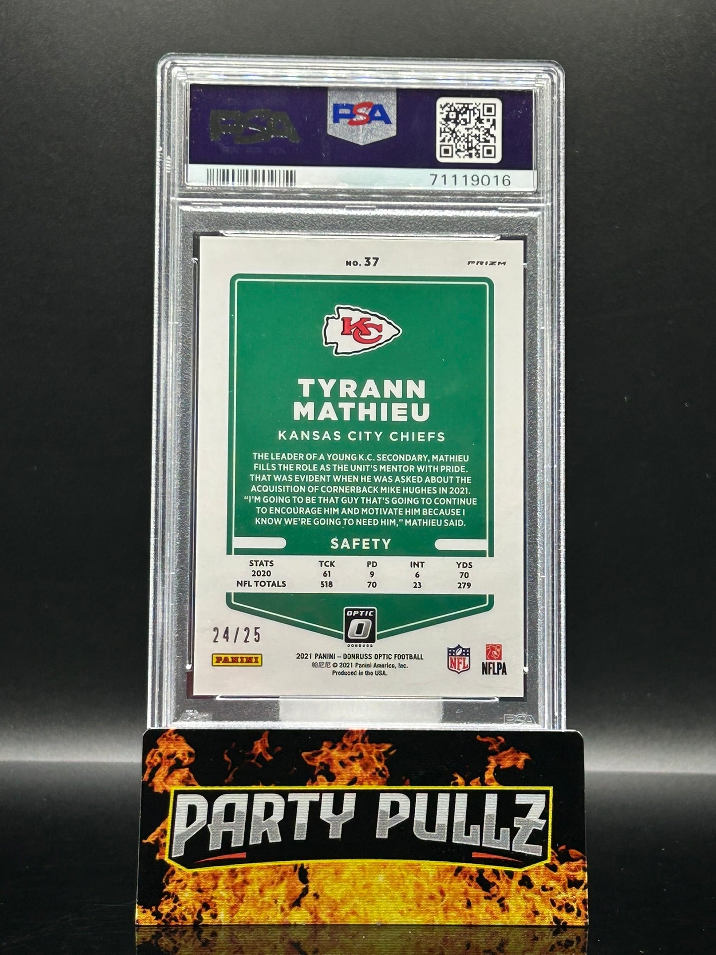 2021 Donruss Optic Tyrann Mathieu Black Pandora Prizm #37 /25 – PSA 10 Gem Mint