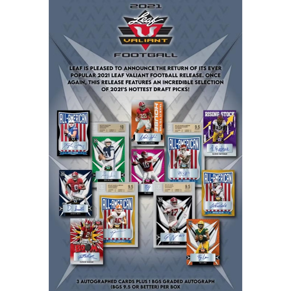 1 Box 2021 Leaf Valiant Football Hobby Hit Draft Break "4 Spots"