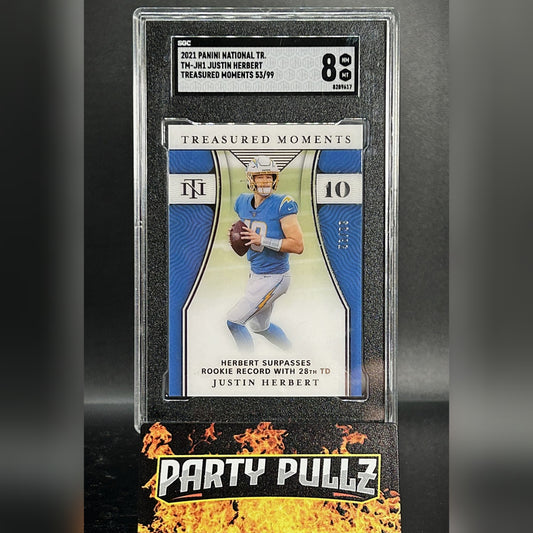 2021 Panini National Treasures #TM-JH1 Justin Herbert Treasured Moments 53/99 SGC 8