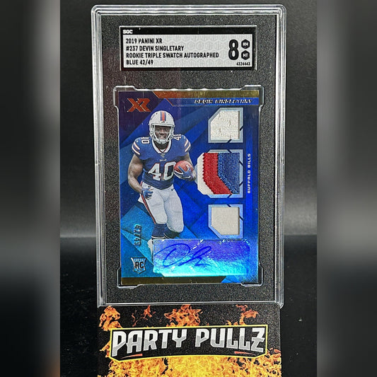 2019 Panini XR #237 Devin Singletary RC Rookie Triple Swatch Auto Blue 42/49 SGC 8